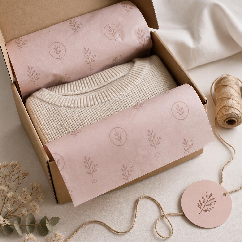 Printed tissue paper wrapping a jumper in a kraft gift box